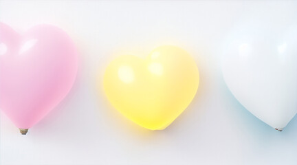 Three light bulb pink yellow and blue hearts on white background. Generative AI.