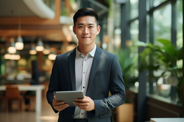 Smiling busy asian business man entrepreneur using tablet standing in office at work. Happy male professional executive manager using tab computer managing financial banking tech data. generative AI