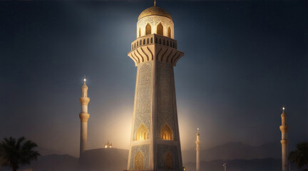 Illuminated minaret highlights ancient Arabic elegance and spirituality. Generative AI. - obrazy, fototapety, plakaty