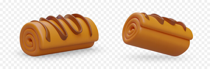 Realistic sweet roll with chocolate topping. Swiss roll cake with cream. Isolated object in different positions. Colored vector icons. Concept for collection of recipes, culinary site, menu design