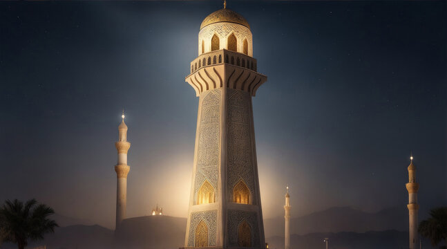 Illuminated minaret highlights ancient Arabic elegance and spirituality. Generative AI.