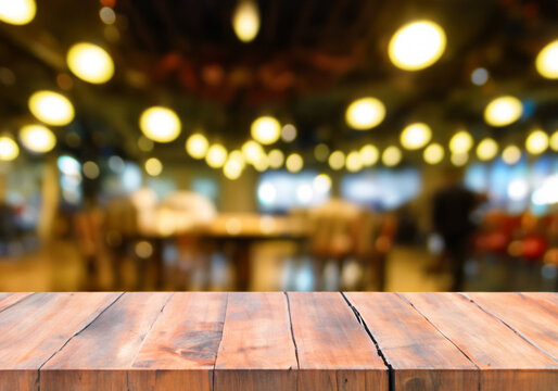 image of wooden table In front of abstract blurred  background of resturant lights MADE OF AI