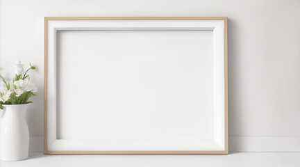 Fototapeta na wymiar Blank picture frame mockup on white wall floral border. Generative AI.