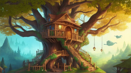 Children's fantasy tale with tree house. Generative AI.