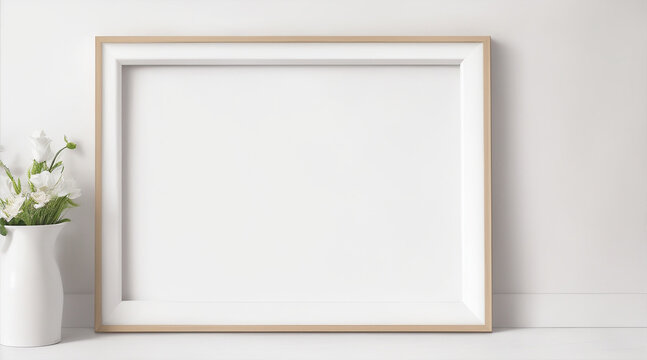Blank picture frame mockup on white wall floral border. Generative AI.