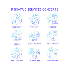 Pediatric services blue gradient concept icons set. Child development. Health care. Childhood illness. Baby doctor. Childcare center idea thin line color illustrations. Isolated symbols