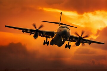 Plane Soaring in Vibrant Orange Sunset Skies, Generative AI