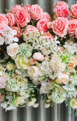 Wedding flowers, bridal bouquet closeup. Decoration made of roses, peonies and decorative plants, close-up, selective focus, nobody, objects