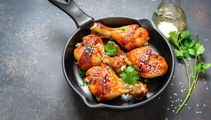 Baked spicy chicken legs with sesame and parsley in cast iron frying pan on dark stone background...