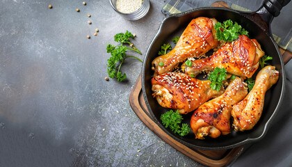 Baked spicy chicken legs with sesame and parsley in cast iron frying pan on dark stone background top view.