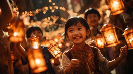 Obraz na płótnie Canvas A group of children parading through the streets with beautifully crafted lanterns, spreading joy during the Mid-Autumn Festival Generative AI