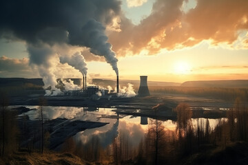 Coal fired power station silhouette at sunset. Generative AI.