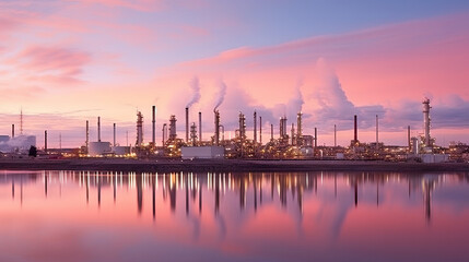 Obraz premium Gas turbine electrical power plant with in Twilight power for factory energy concept. Generative AI.