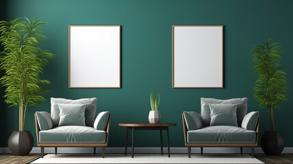 Home Interior, modern green living room interior with poster frame mockup. Generative AI