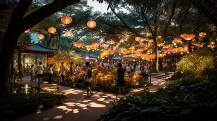 A serene park with colorful lanterns hanging from the trees, inviting people to celebrate the Mid-Autumn Festival Generative AI
