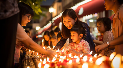A heartfelt moment of families lighting candles to remember their ancestors and express gratitude during the Mid-Autumn Festival Generative AI - obrazy, fototapety, plakaty