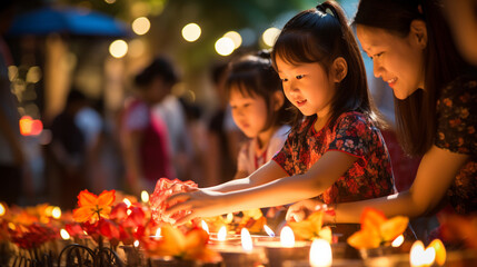 Obraz na płótnie Canvas A heartfelt moment of families lighting candles to remember their ancestors and express gratitude during the Mid-Autumn Festival Generative AI