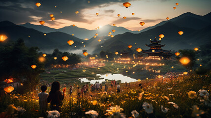 A picturesque countryside setting, where people celebrate the Mid-Autumn Festival amidst nature's beauty Generative AI