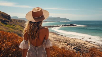 dunes by the sea. woman in a hat
