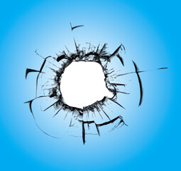Big hole of broken blue window with white background.