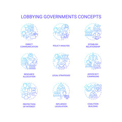 Gradient icons set representing lobbying government concepts, isolated vector, thin line colorful illustration.