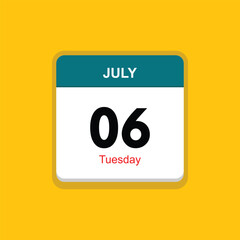 tuesday 06 july icon with yellow background, calender icon