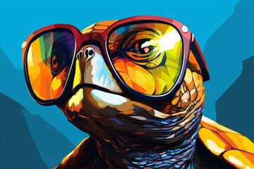 Cartoon colorful turtle with sunglasses on turquoise background