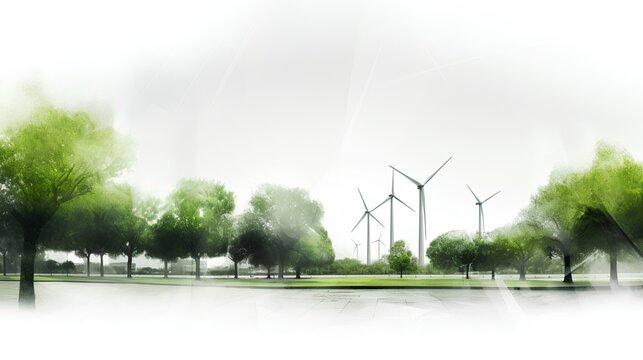 Empty city park in green hues. The sustainability concept, featuring wind turbines in the backdrop, suggesting the importance of integrating renewable energy sources in urban settings. Generative AI