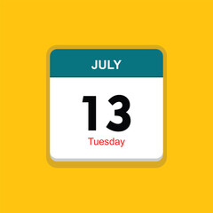 tuesday 13 july icon with yellow background, calender icon