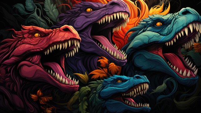 Illustration of colorful dragon heads