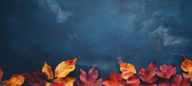 Autumn background with colored leaves on blue background. Generative AI