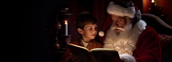 Santa reading a book to an adorable smiling young child in awe. Santa, sitting enjoying xmas time and love of family, kids, boy or girl. Happy Christmas, seasonal card greetings.