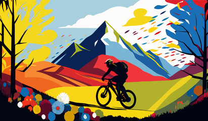 Drawing of an athlete on a mountain bike against the background of colored mountains