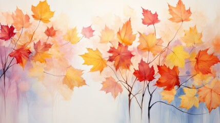 Naklejka na ściany i meble Watercolor autumn abstract background with maple leaves. Generative AI
