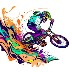 Sportsman on a mountain bike in colored splashes on a white background