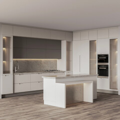 3d rendering mini kitchen with wooden cabinet and wooden floor 