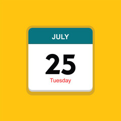 tuesday 25 july icon with yellow background, calender icon