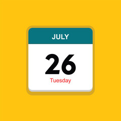 tuesday 26 july icon with yellow background, calender icon