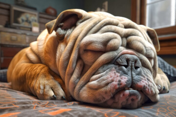 Bulldog dog sleeping on bed
