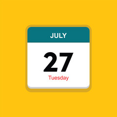 tuesday 27 july icon with yellow background, calender icon