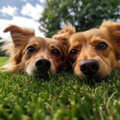 Portrait of two dog on the grass in the park