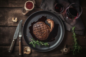 beef steak on the dish with red wine