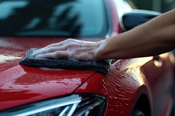 cleaning car with a sponge that washes the car
