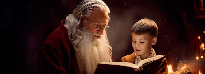 Santa reading a book to an adorable smiling young child in awe. Santa, sitting enjoying xmas time...