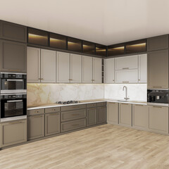 3d rendering mini kitchen with wooden cabinet and wooden floor 