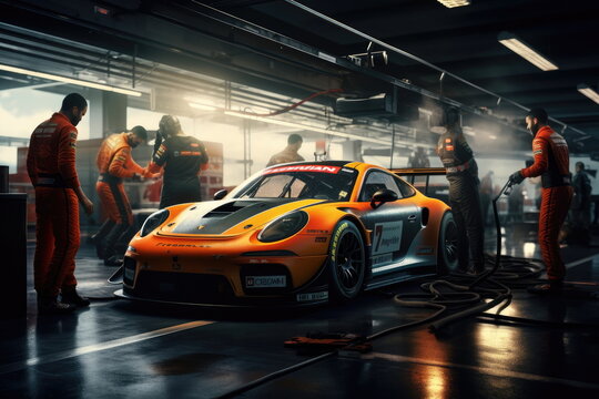 Professional pit crew, race car arrives in the pit, Motor sports
