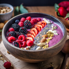 Smoothie bowl with berries, chia seeds and nuts in a wooden bowl. Generative ai.