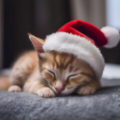 Sleeping cute ginger kitten in a Santa Claus cap. Generative ai.