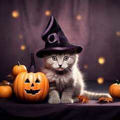 Cute kitten in a wizard hat and Halloween pumpkin on  dark background