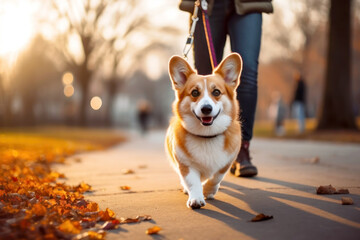 Owner and Welsh Corgi on a leash walking in the park - obrazy, fototapety, plakaty